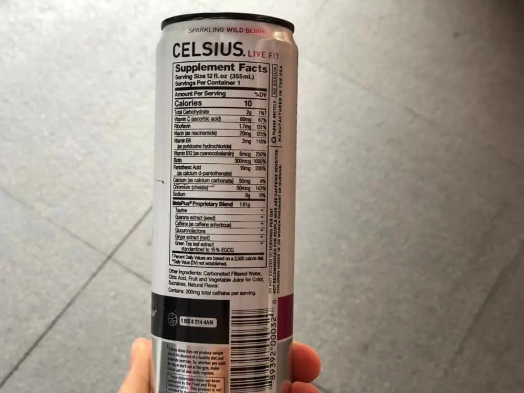 List of ingredients and supplement facts of Celsius