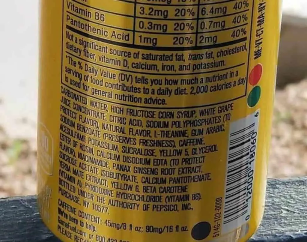 Game Fuel Ingredients list on the can