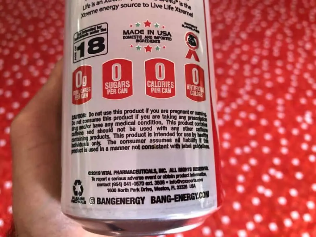 a photo of Bang Energy Drink showing 0 sugar and 0 calories.