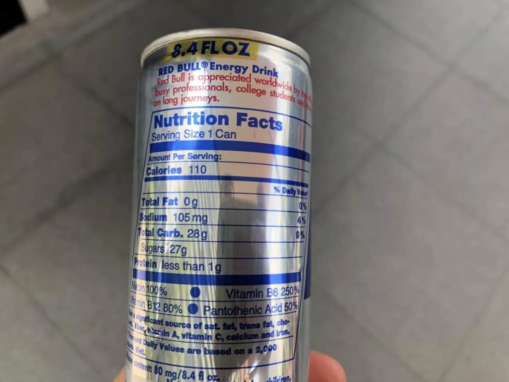Nutrient facts listed in the back of a Red Bull can
