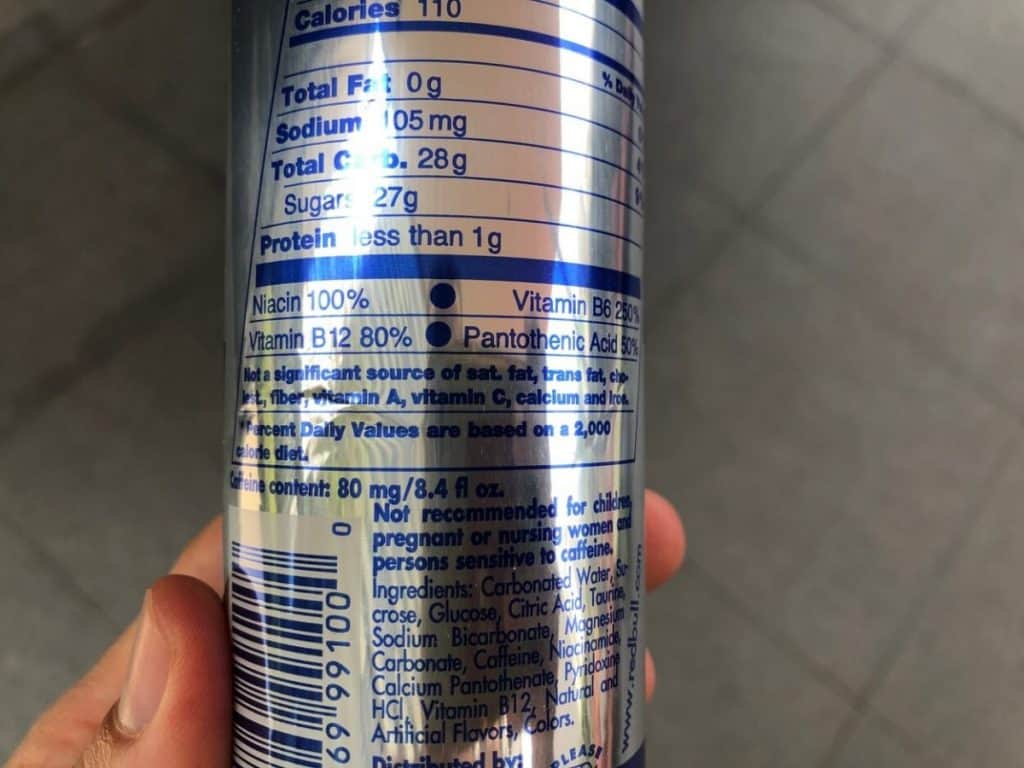 Ingredients in the back of a can of Red Bull