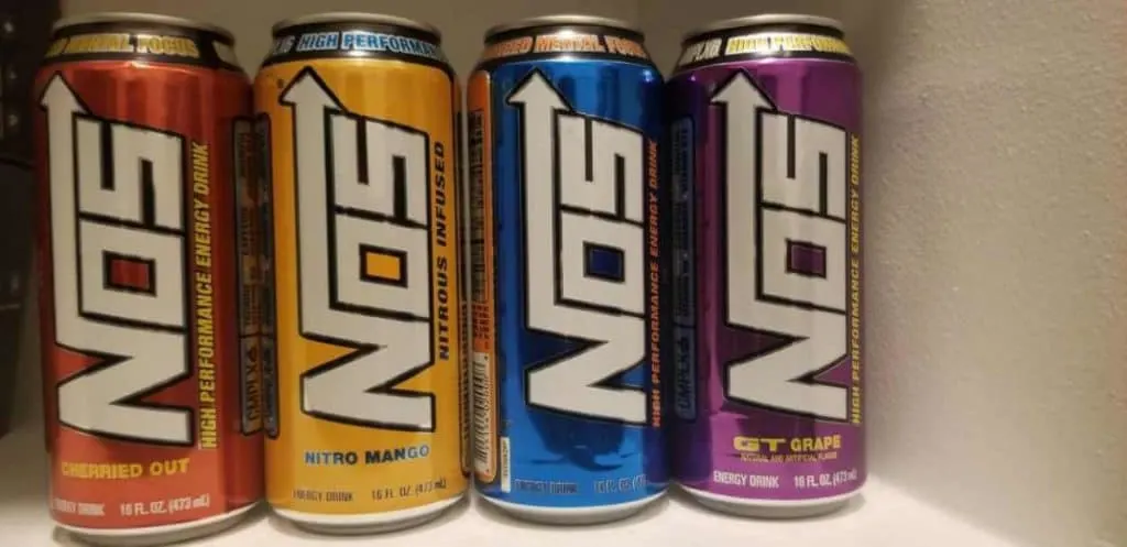 Four NOS energy drink in different flavors.