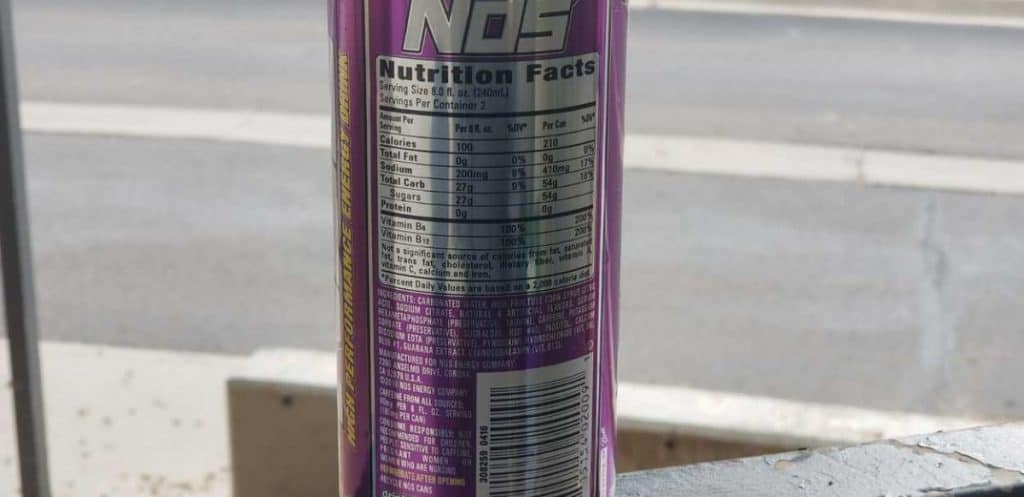 Nutrition facts of NOS found at the back of the can.