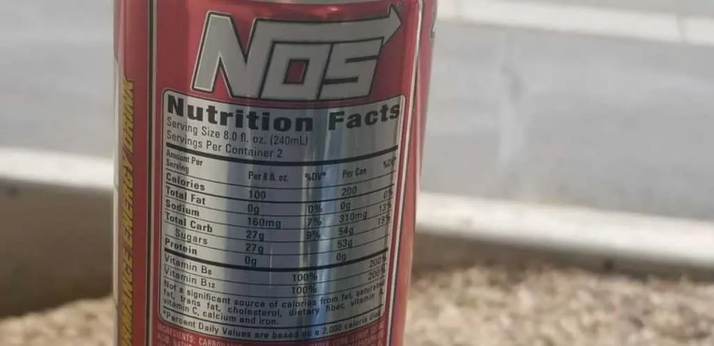 Nutrition facts of NOS energy drink.