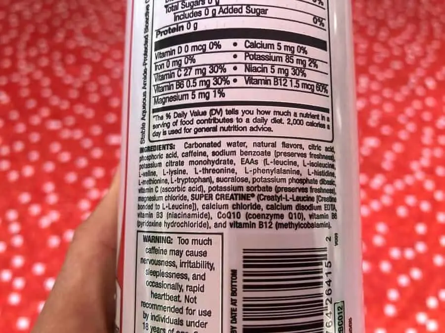 Ingredients label of a can of Bang