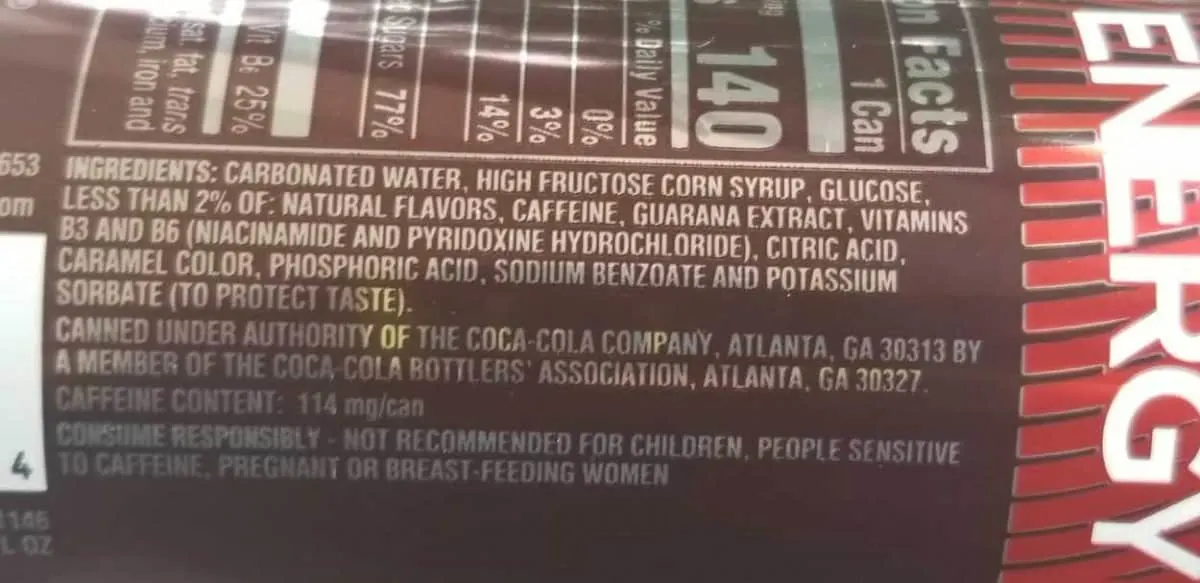 Ingredients label of Coca-Cola Energy