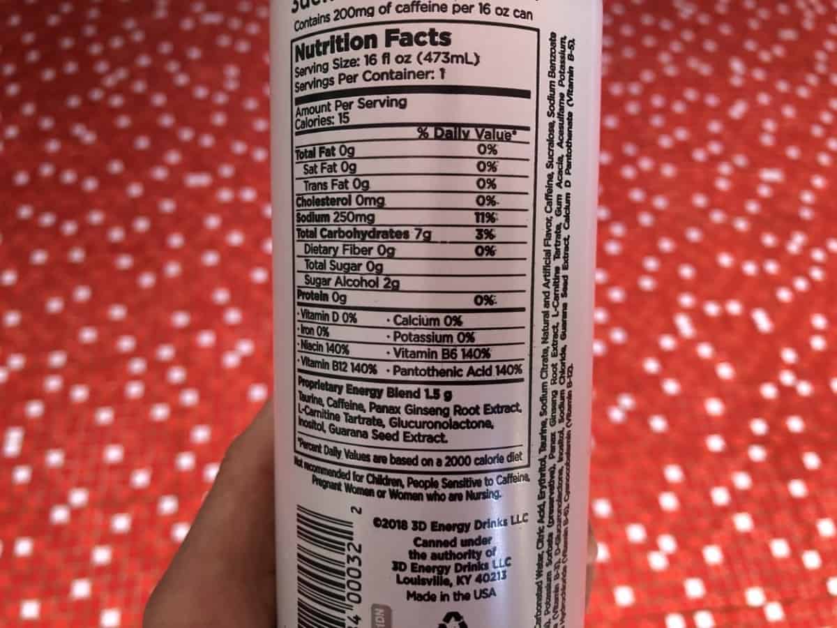 Nutrition Label Of 3D Energy Drink