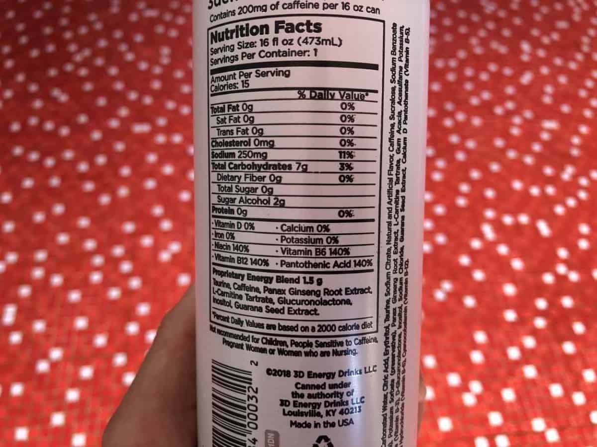 3D Energy Drink Ingredients and Nutrition Facts