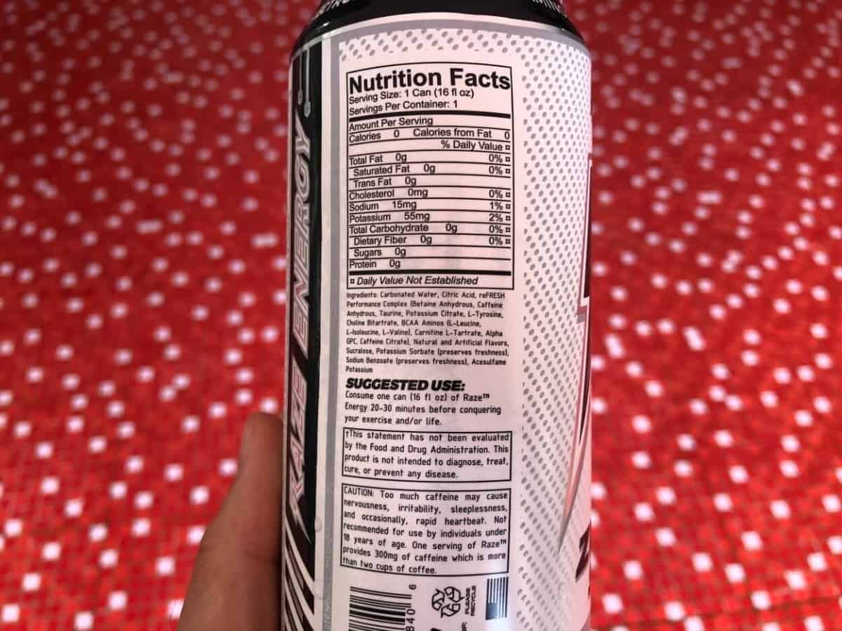 Nutrition facts of Raze energy drink