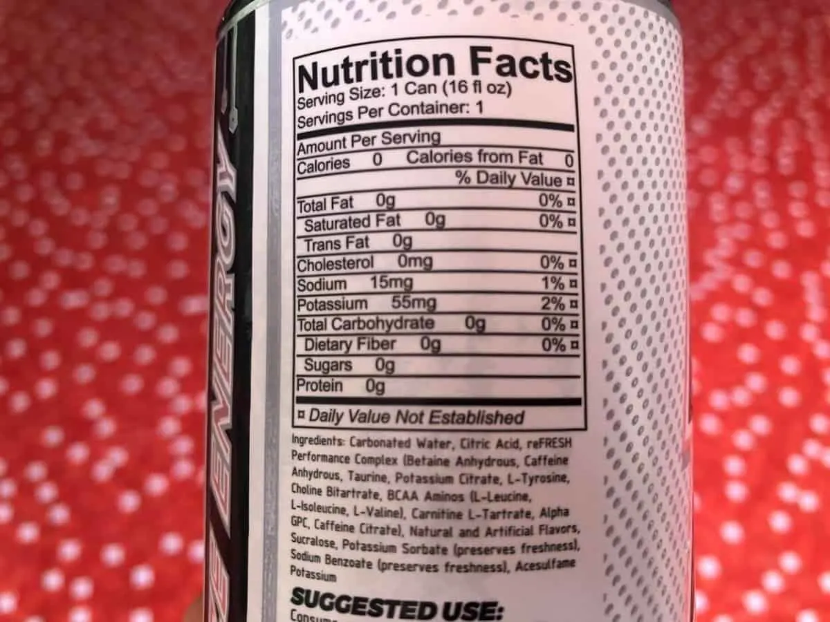 Nutrition facts of Raze energy drink