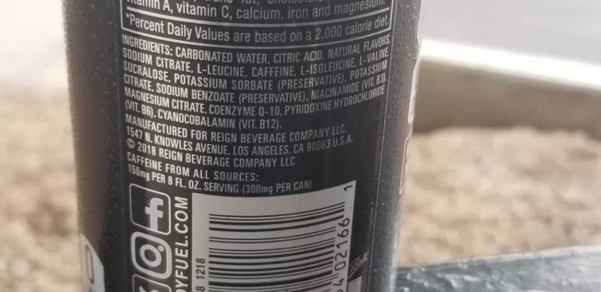 Ingredients label  of a can of Reign