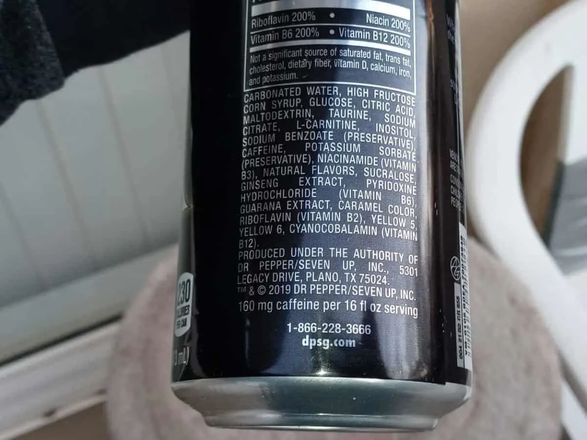 Ingredients label for a can of Venom Energy Drink