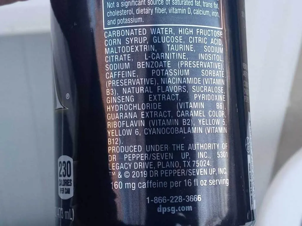 Ingredients label of Venom