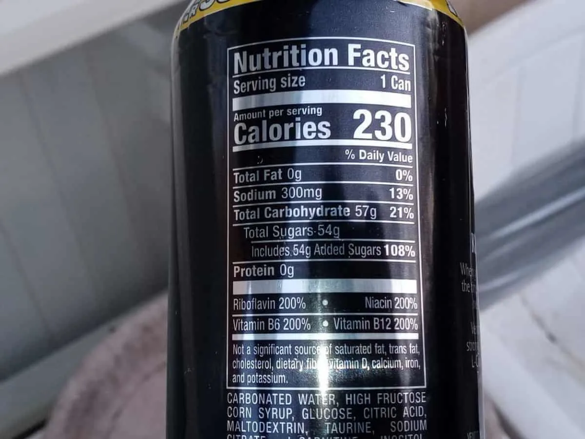 Label of Nutrition Facts for Venom Energy Drink