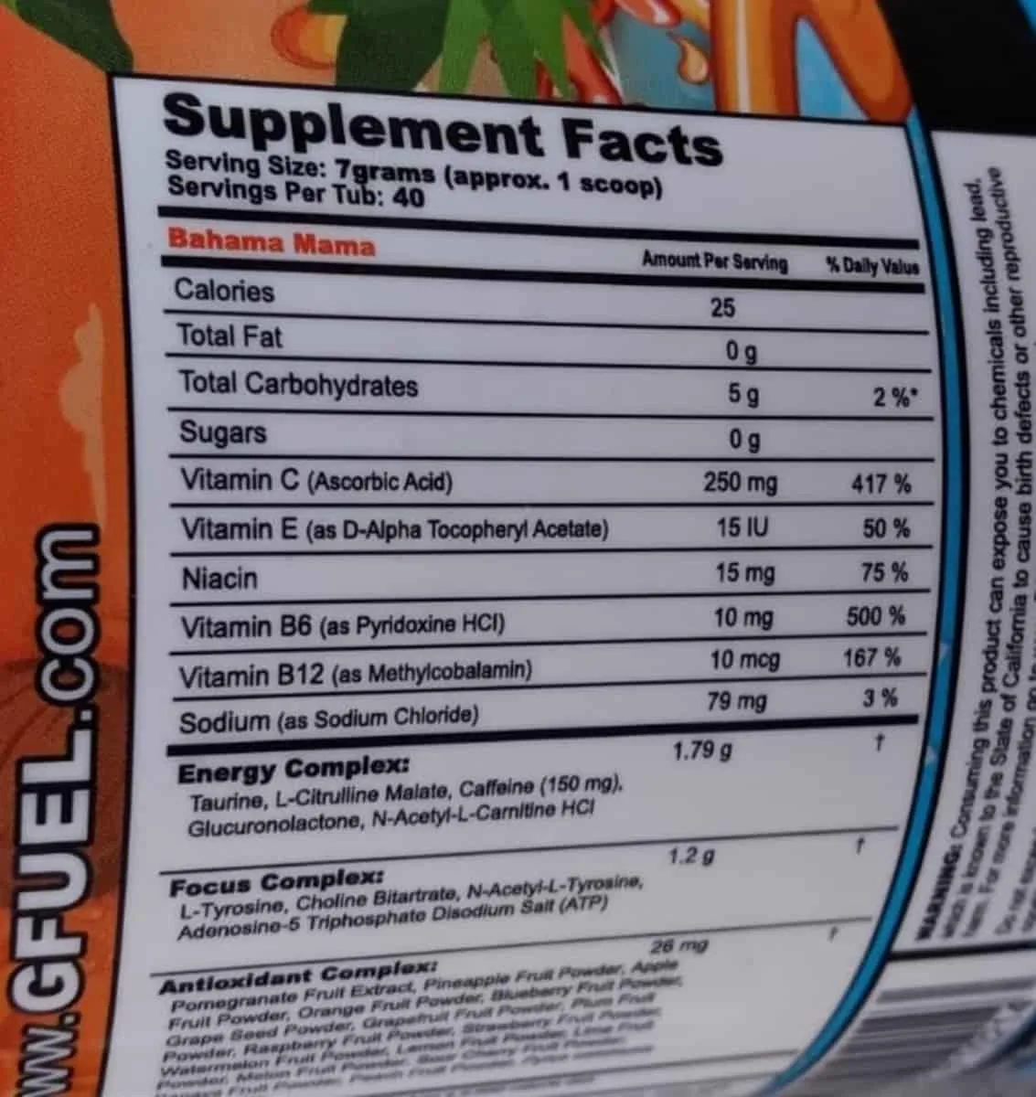 Supplement facts, G Fuel Powder, Label on a tub