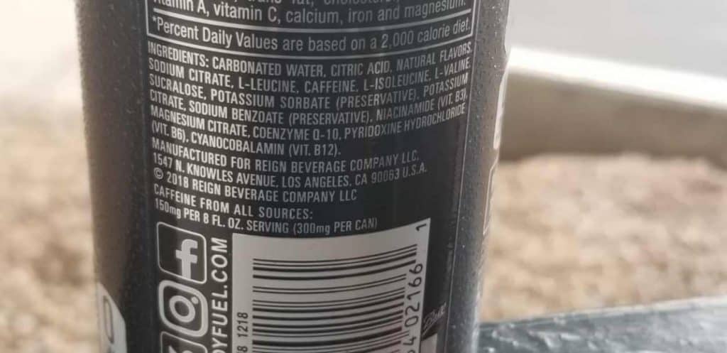 Ingredients of Reign energy drink