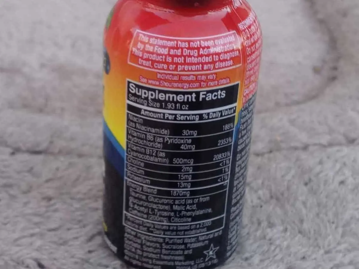 Nutrition facts of 5 Hour Energy