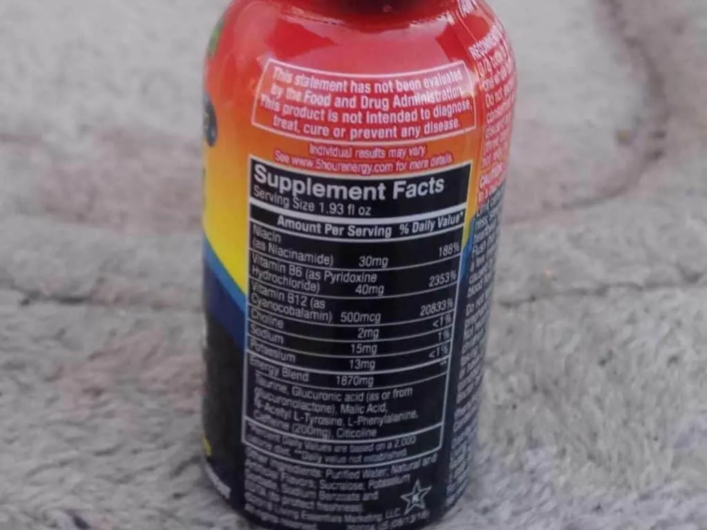 Photo of Supplement Facts of 5 Hour Energy