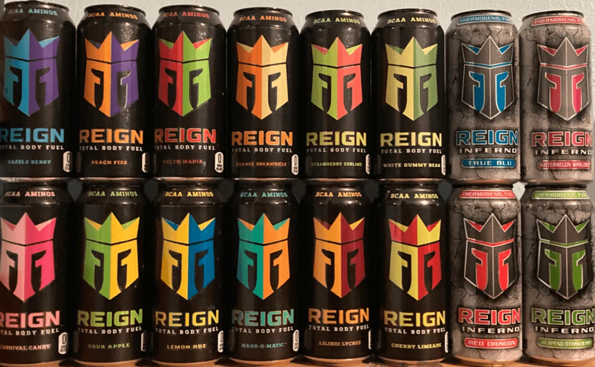 Different flavors of Reign Energy Drink.