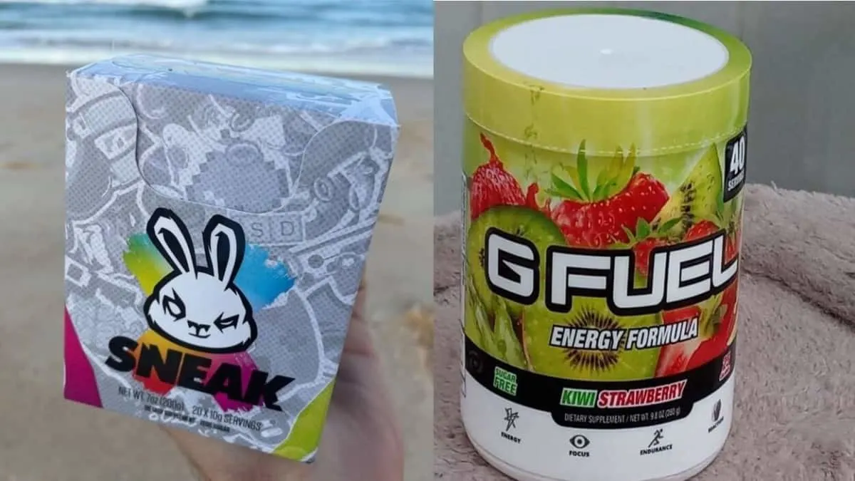 A tub of G Fuel Powder and a pack of Sneak Energy