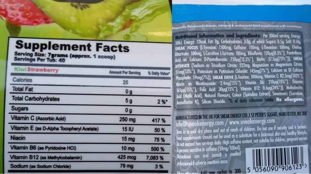 Nutrition facts of G Fuel Powder and Sneak Energy 