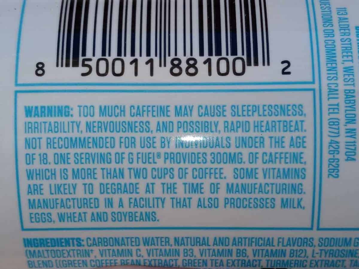 caffeine warning, energy drink tub