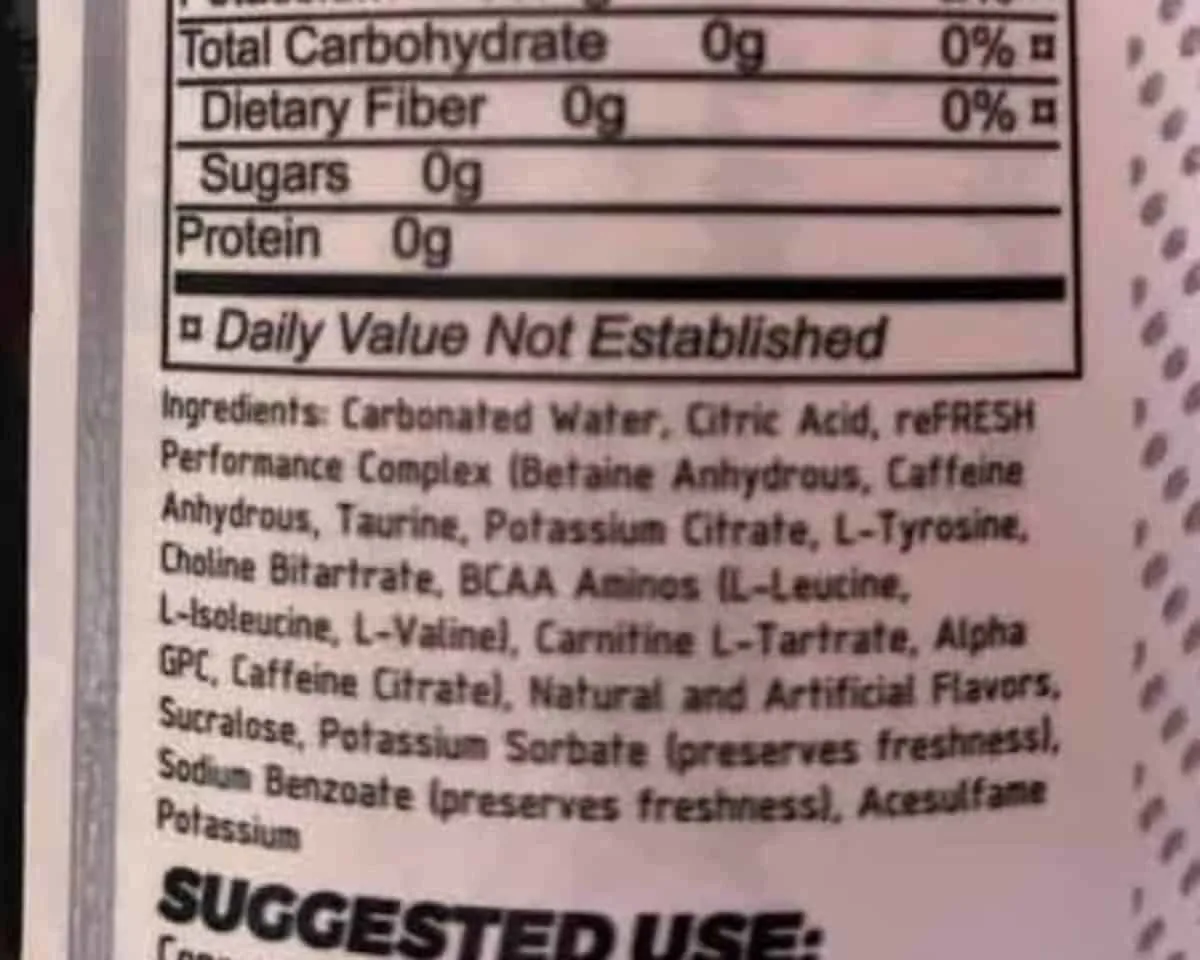 The ingredients of Raze energy drink.