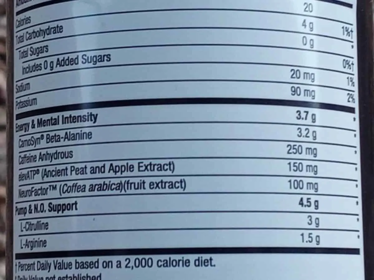 Nutrition facts of Lit energy drink.