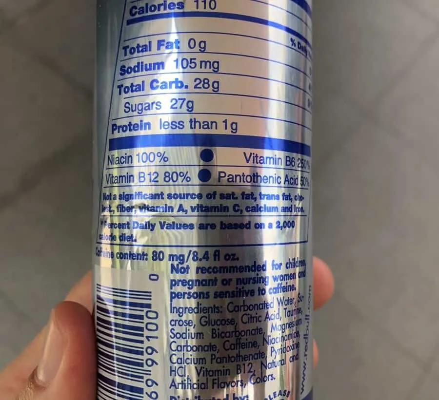 Nutrition facts of Red Bull energy drink as seen at the back of its can.