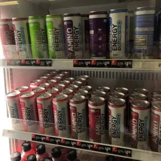 Different flavors of Amino Energy Drink in the convinience store's ref.