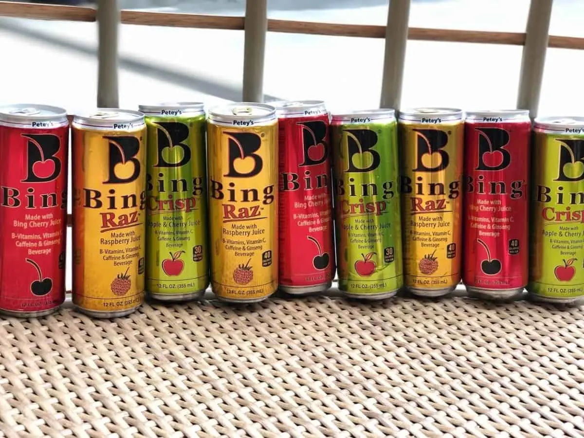9 cans of bing energy drinks in different colors and flavors