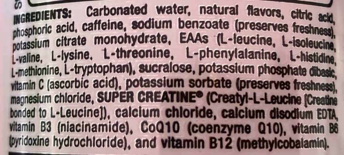 A picture of the ingredients of Bang energy drink.