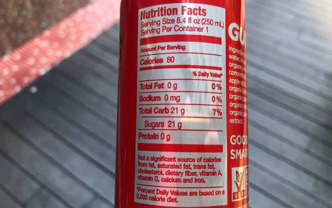 Nutrition facts label as seen at the back of Guru energy drink.