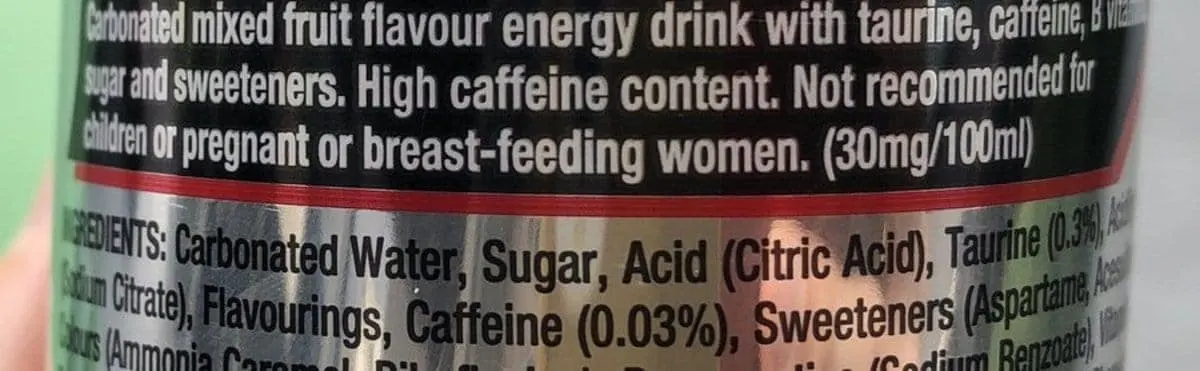 A photo of "high caffeine content" warning.