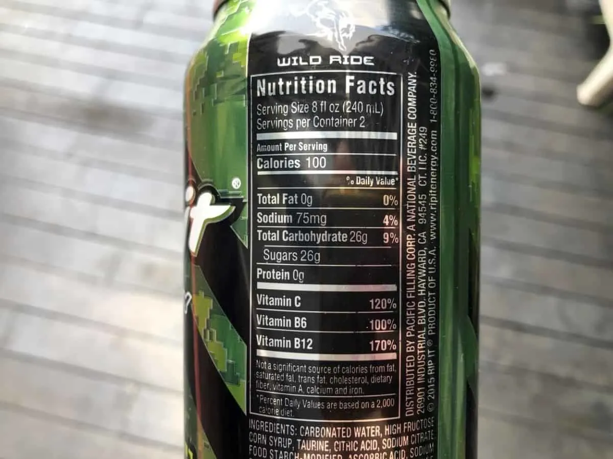 Nutrition facts of Rip It energy drink