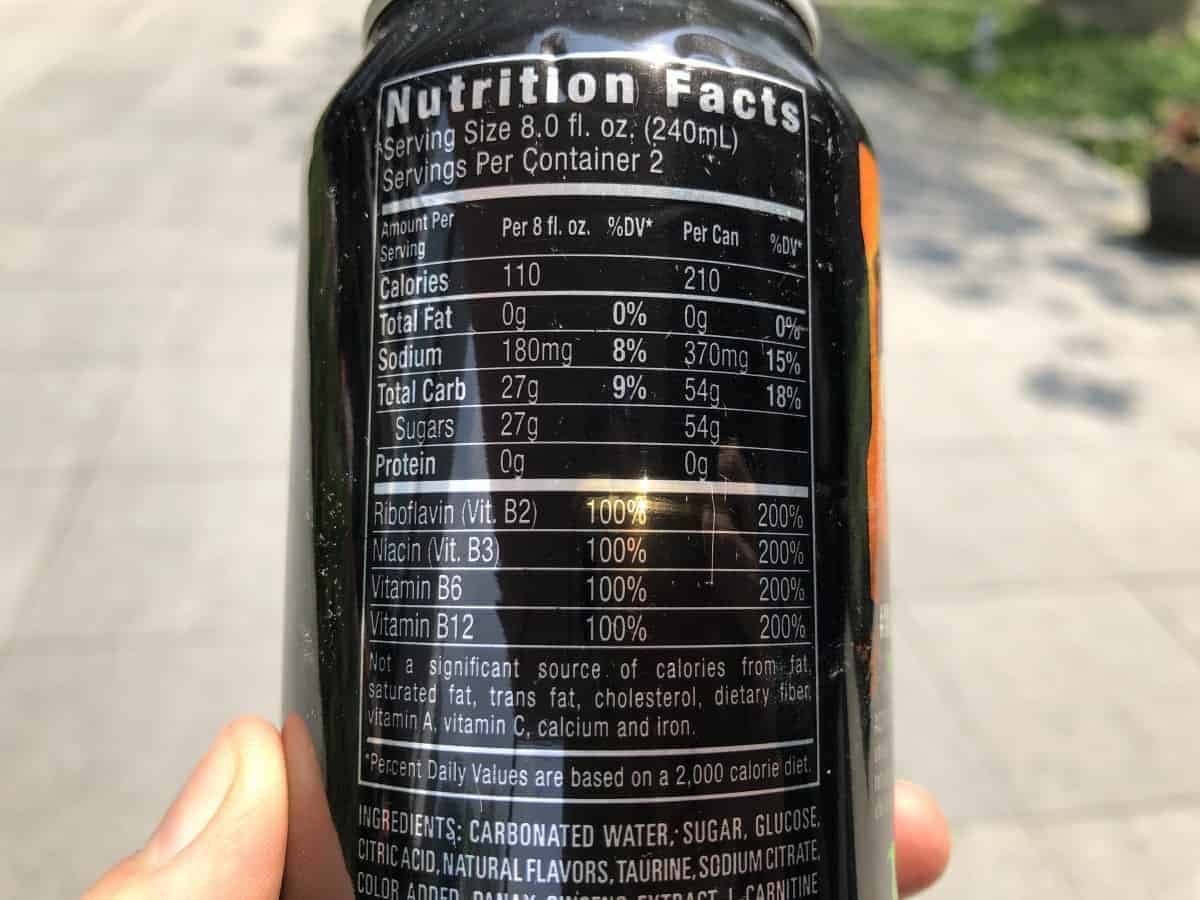 A picture of the ingredients and nutrients in a Monster 8 fl. oz can