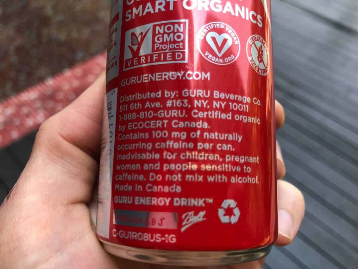 Label of a can of Guru energy drink