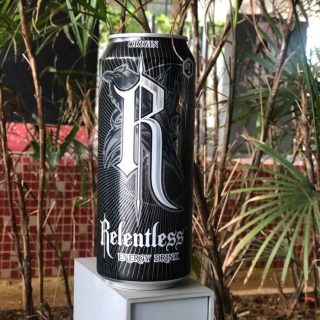 A can of Relentless energy drinkl