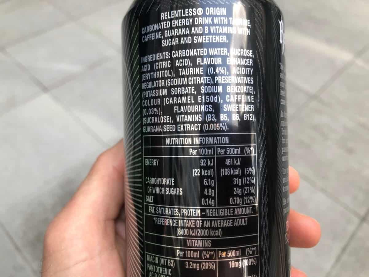 Nutrition facts of Relentless energy drink