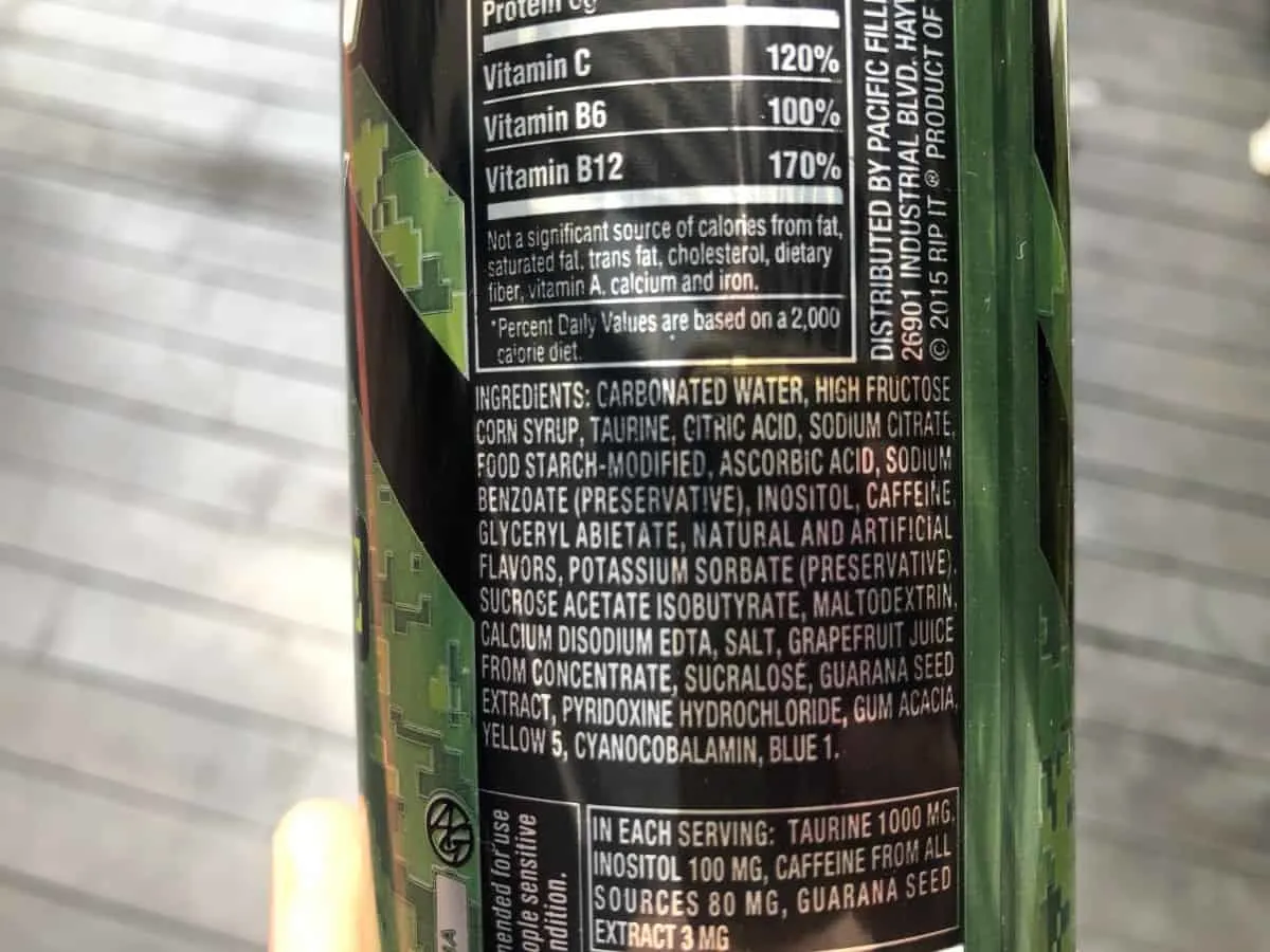 Ingredients of Rip It energy drinks at the back of the can. 