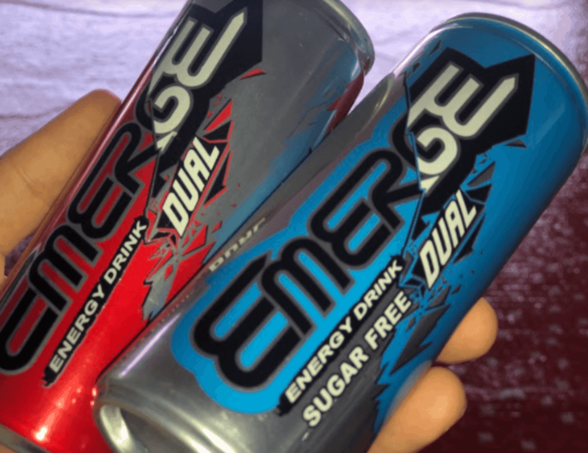 Emerge energy drinks in a person's hand