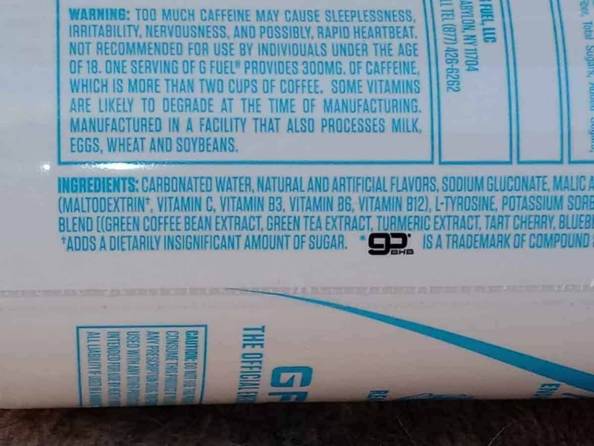A picture of the ingredients in a G Fuel can