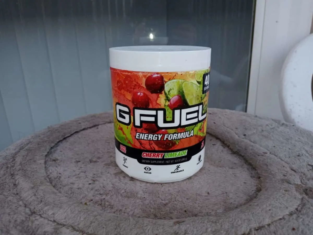 G Fuel Cherry Limeade energy tub in a table 