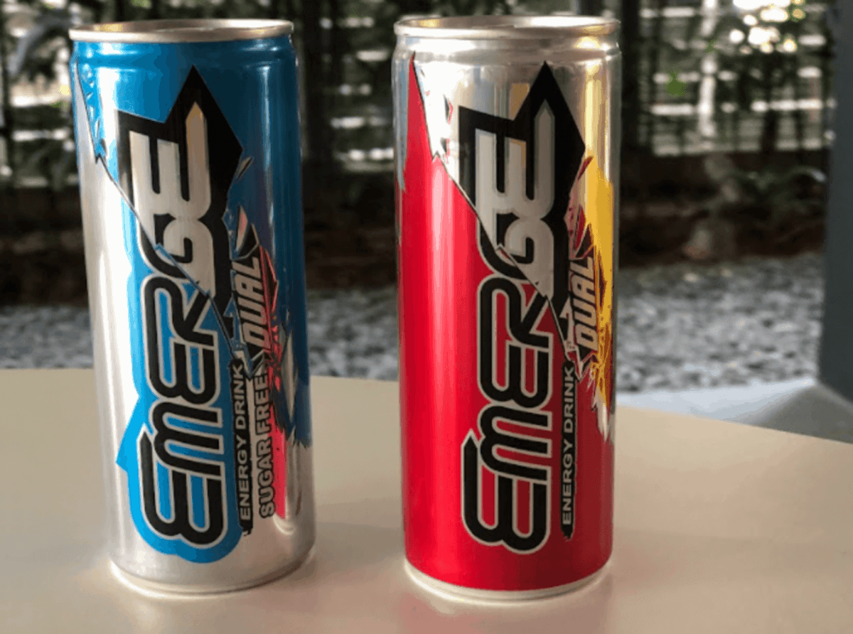 A photo of two Emerge energy drink.
