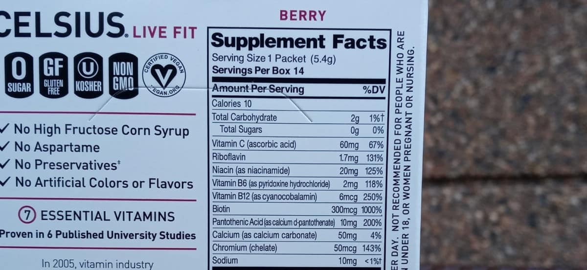 Supplement facts of Celsius On-The-Go written on the box