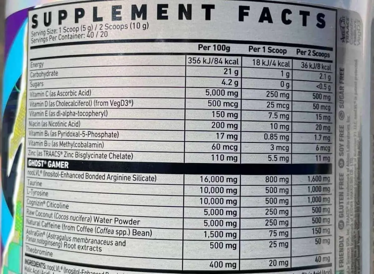 Supplement facts of Ghost Gamer energy drink 