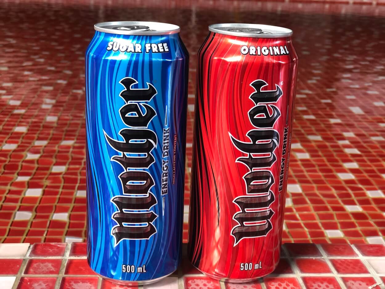 Image of the sugar-free version and original version of Mother energy drinks