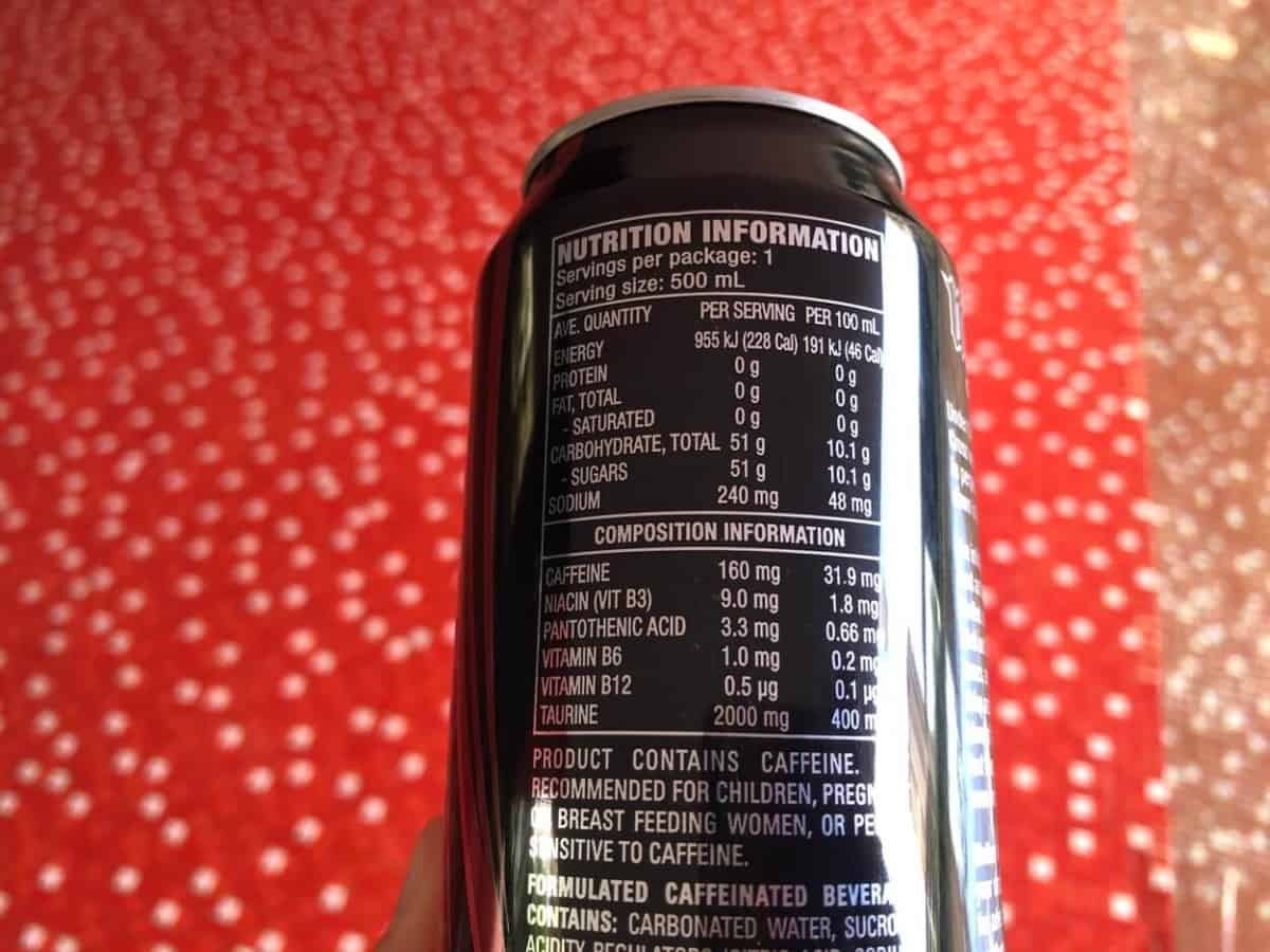 Nutrition information of Mother energy drink