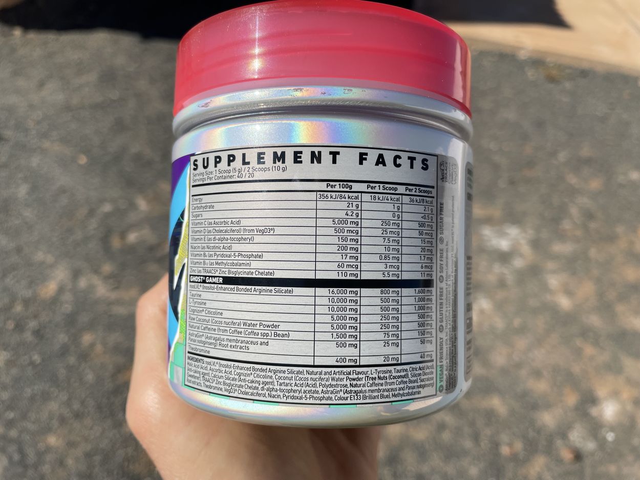 Supplement facts of Ghost Gamer energy drink