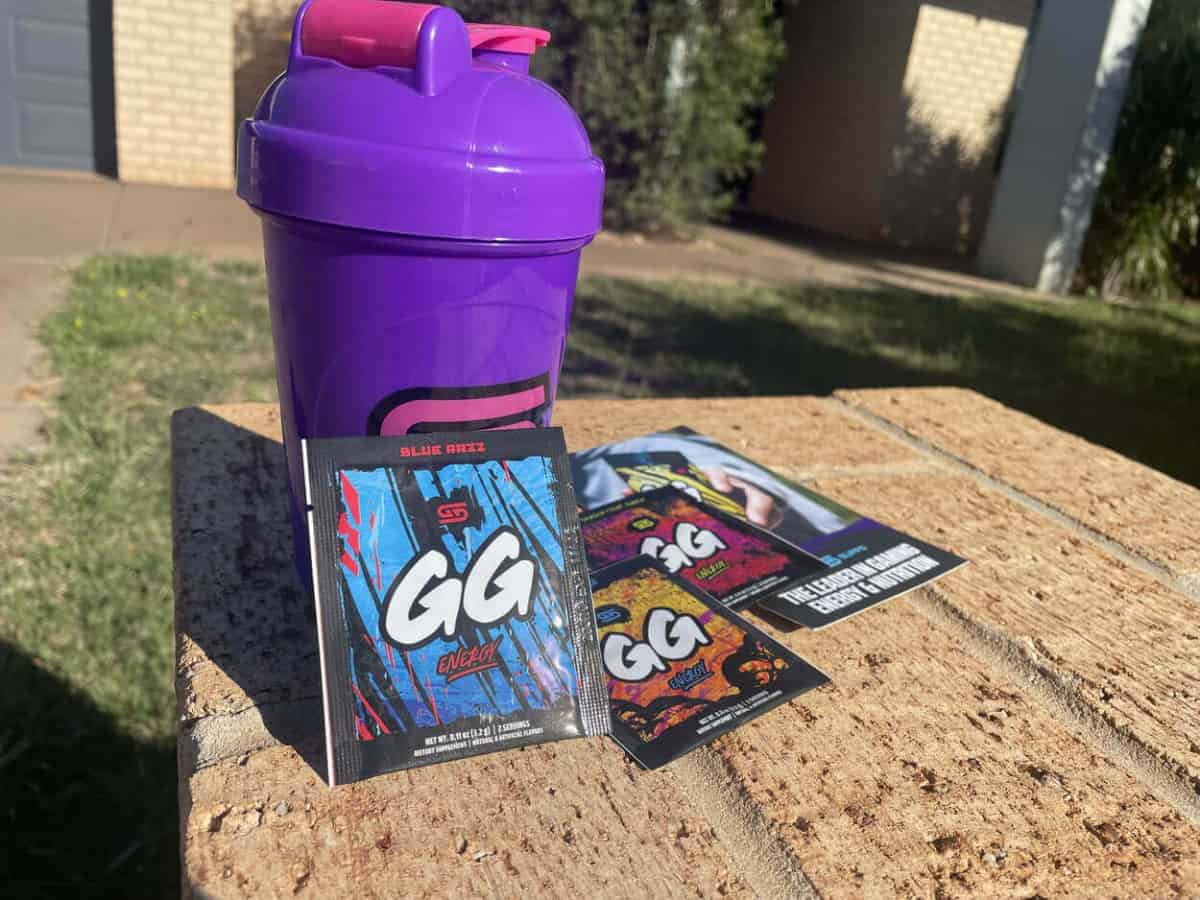 Sachets of GG Gamer Supps Energy Drink with Its Bottle